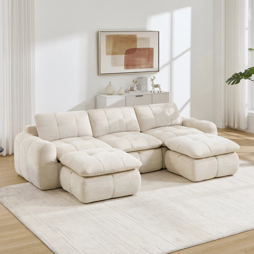 Divano modulare senza struttura con seduta ergonomica e montaggio libero con due pouf in chenille beige