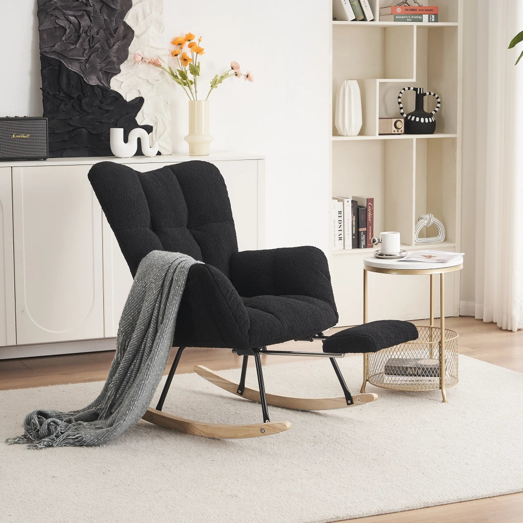 Sedia a Dondolo con Poggiapiedi Pieghevole; Schienale Alto Ergonomico e Braccioli Imbottiti; in Bouclé Nero