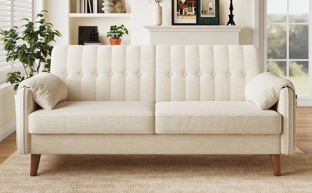 Divano a 2 posti in ciniglia con seduta spessa schienale ergonomico tasche laterali e gambe in legno beige