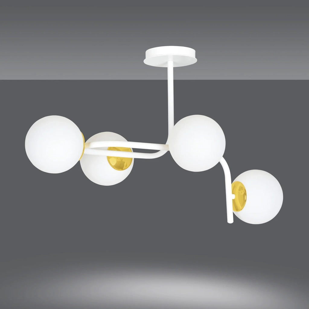 Lampadario 4 Luci Kalf Acciaio Bianco A Bracci Curvi E Sfere Vetro Opalino E Oro