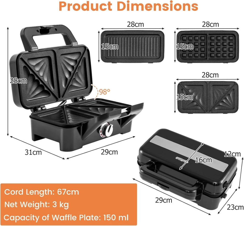 Tostapane 1200W, Piastra per Panini Sandwich Waffle 3 in 1, 5 Temperature Regolabili, Doppia Faccia, Piastra Grill Rimovibile e Lavabile, Protezione contro Surriscaldamento, Nero