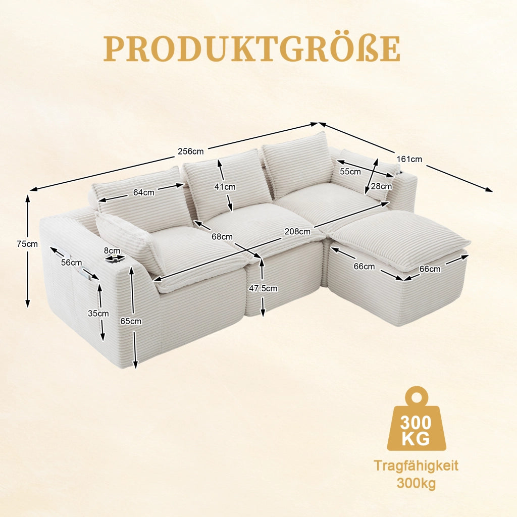 Divano modulare 3 posti con cuscini e tasche laterali in corduroy beige per salotto e ricevimento 256 × 161 × 75 cm