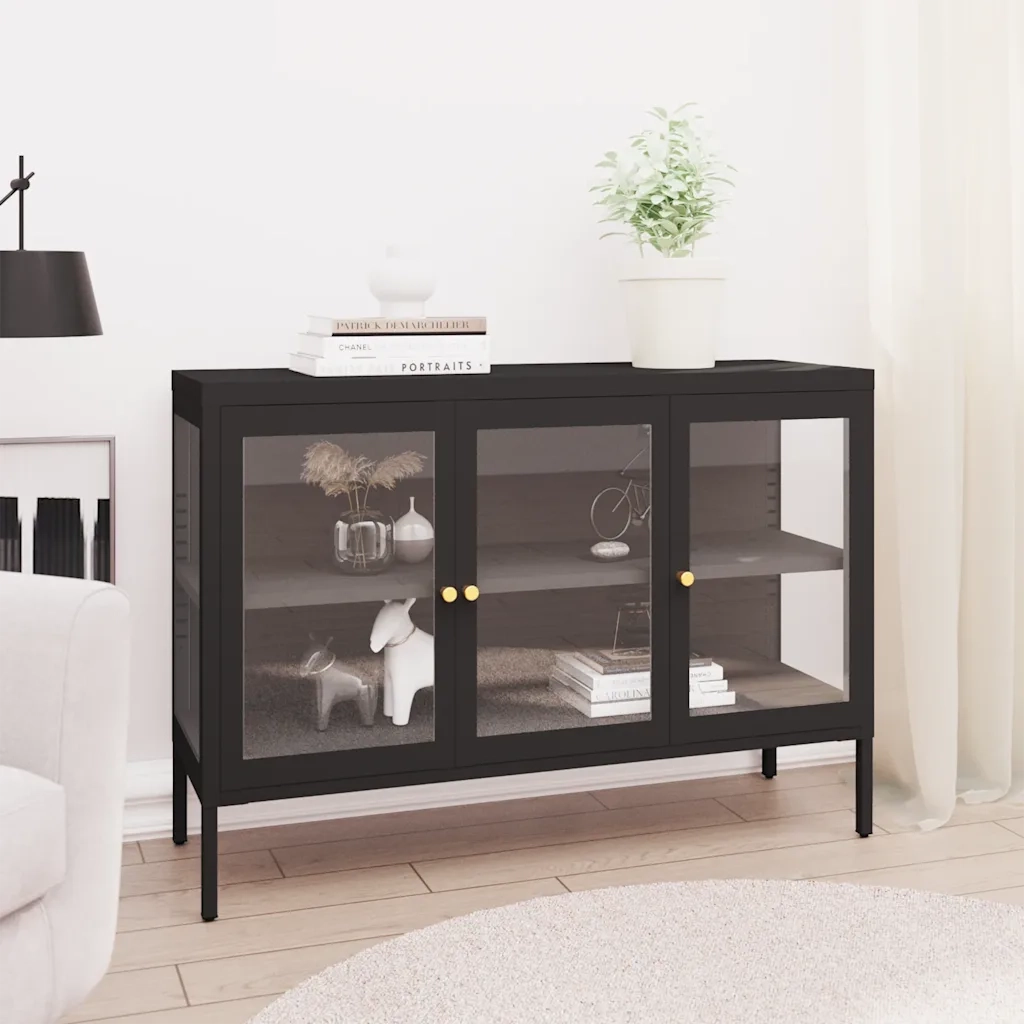 Credenza-Buffet-Armadio da cucina Nera 105x35x70 cm in Acciaio e Vetro