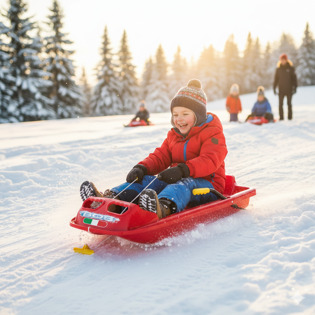 Bob Slittino Bimbo 1 Posto con Freni Slitta Neve per Bambini Rosso