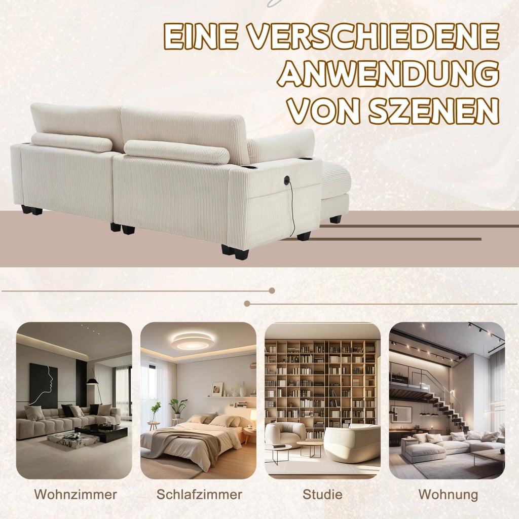 DIVANO Modulare 224x140x81 cm in Corduroy Beige Divisibile in 2 Sedute