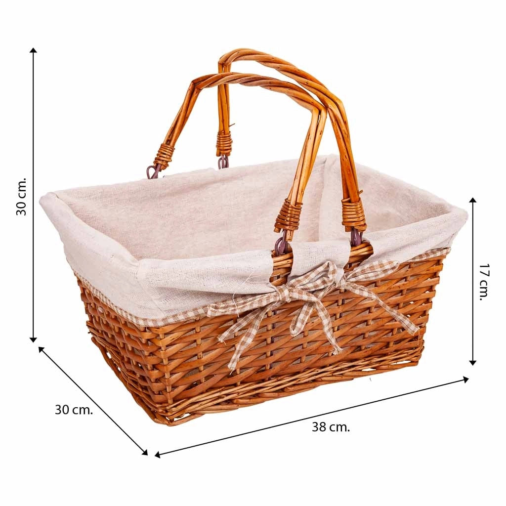 Cesto in vimini foderato con manico pieghevole marrone 38x30x17/30h