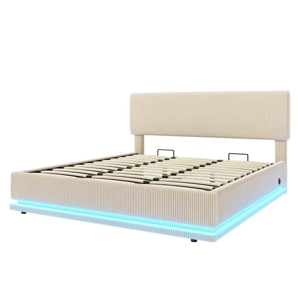 Letto contenitore 180 × 200 cm 2 posti con LED, USB-C, testiera regolabile, senza materasso, beige