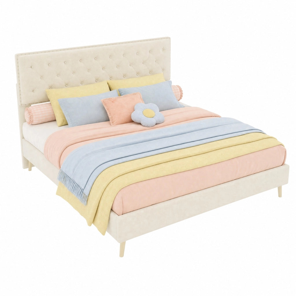 Letto matrimoniale 160x200 cm in velluto beige con testiera alta e struttura in metallo