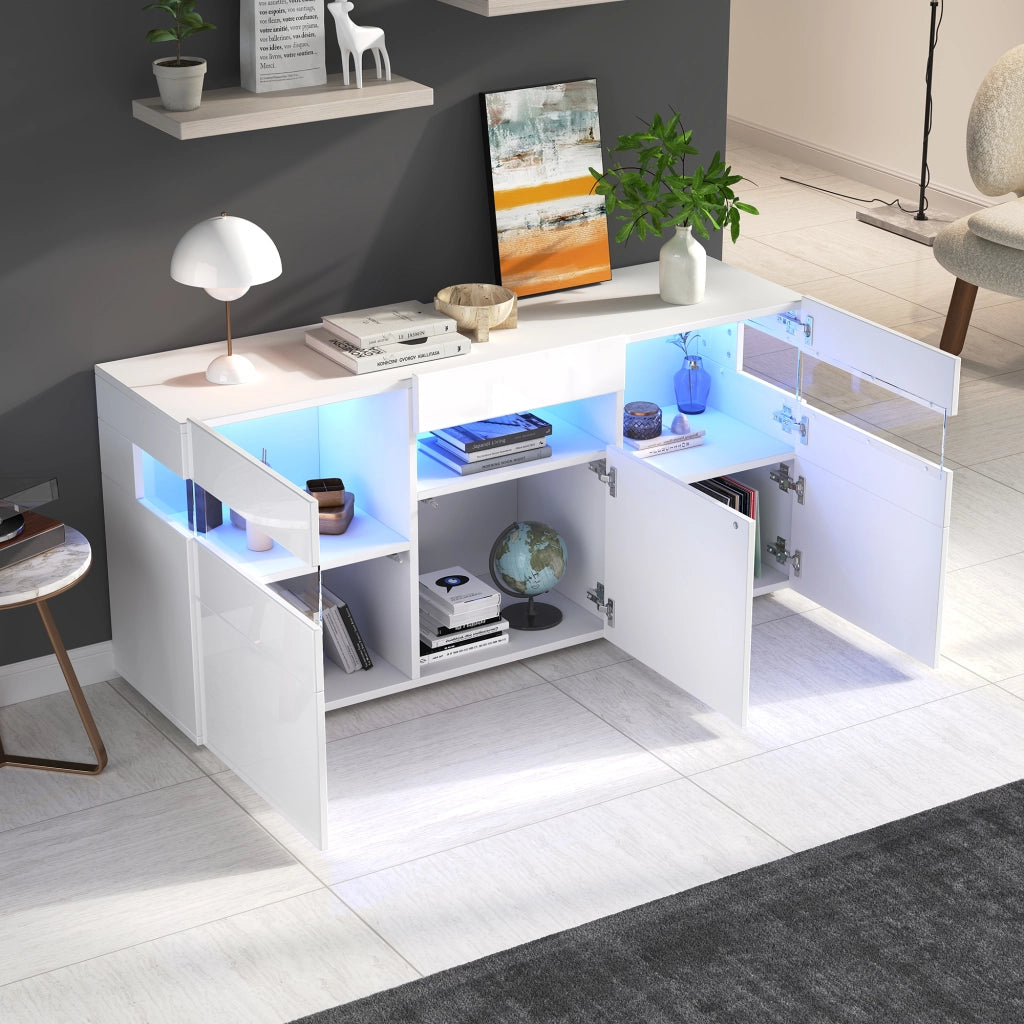 Credenza con LED e 3 ante, 7 vani e vano semiaperto, frontale lucido, per soggiorno, bianca, 140 × 40,5 × 66,5 cm