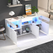 Credenza con LED e 3 ante, 7 vani e vano semiaperto, frontale lucido, per soggiorno, bianca, 140 × 40,5 × 66,5 cm