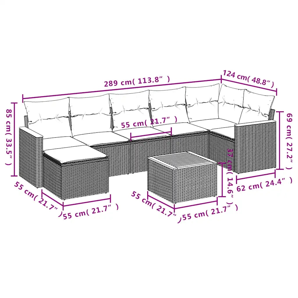 Set Divani da Giardino 8 pz con Cuscini Grigio in Polyrattan 3226201