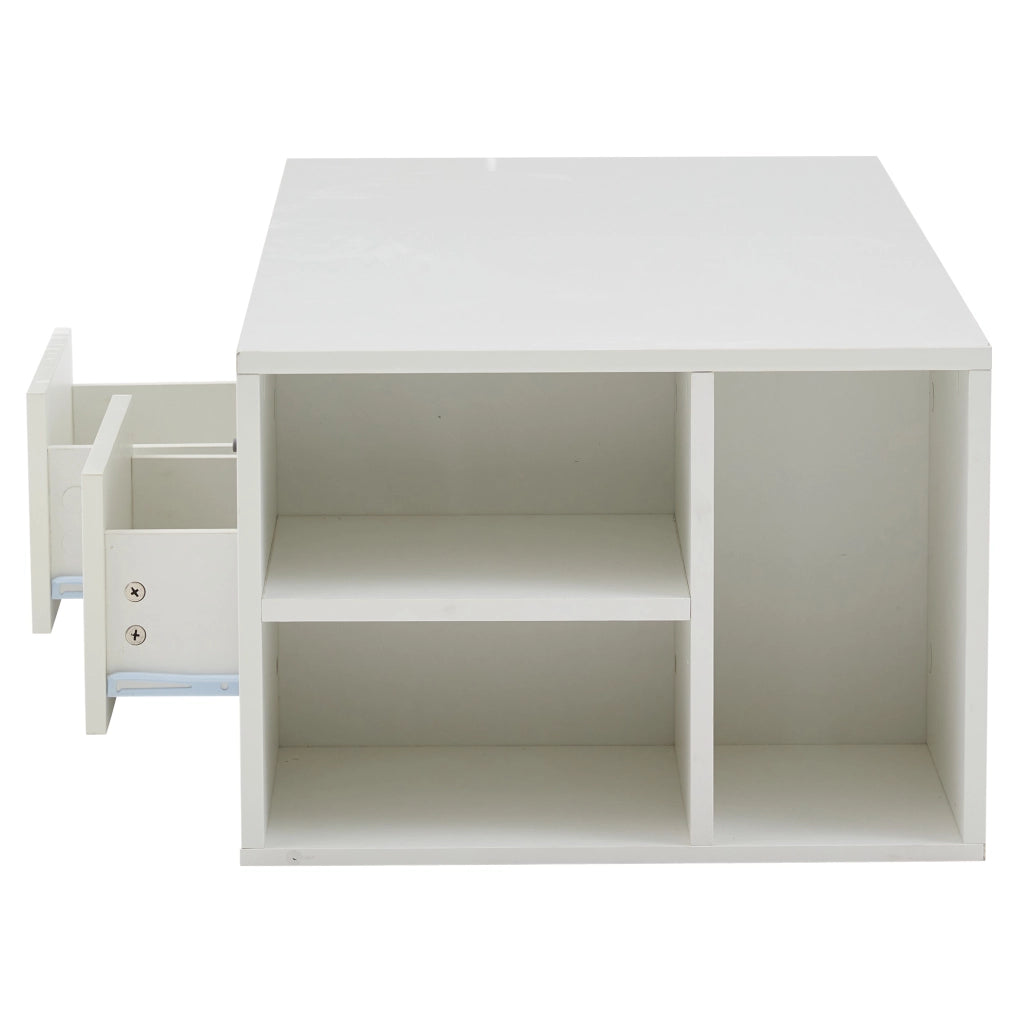 Tavolino da caffè LED bianco 100x50x35 cm con 2 cassetti e vani laterali