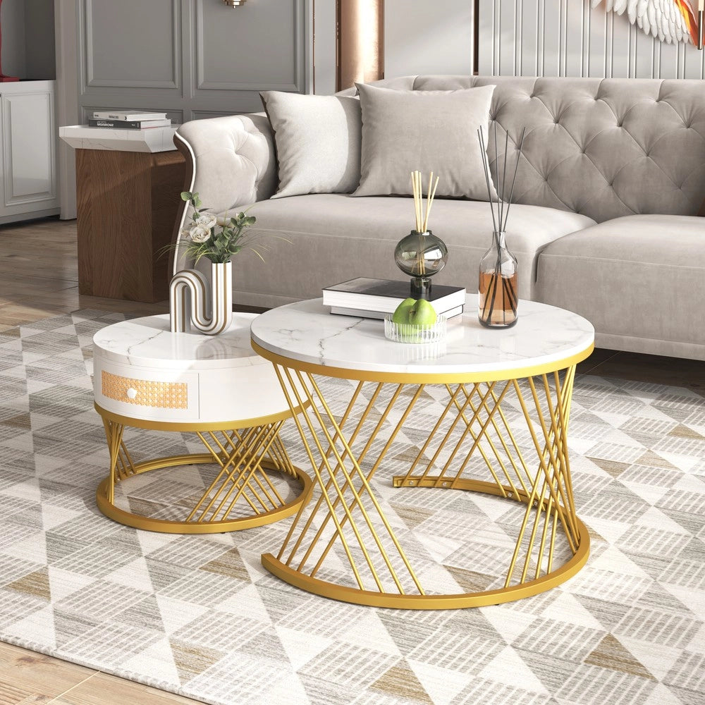 Set 2 Tavolini da Caff¨¨ Rotondi ¨C MINIMAL ¨C MDF, Piano Marmo, Cassetti Rattan, Gambe Metallo Oro 70x70x45 + 50x50x38