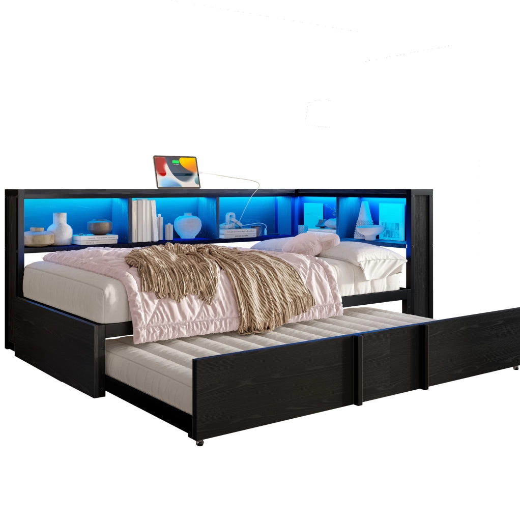 Letto da giorno 90x200 cm con letto estraibile; LED e prese USB in MDF e metallo nero