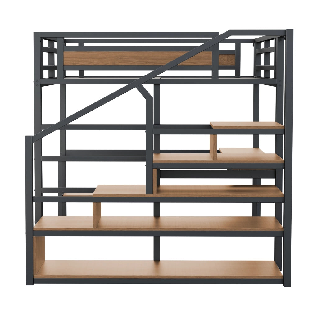 Letto a soppalco 140x200 cm con scrivania, scaffali e scala contenitore in metallo nero
