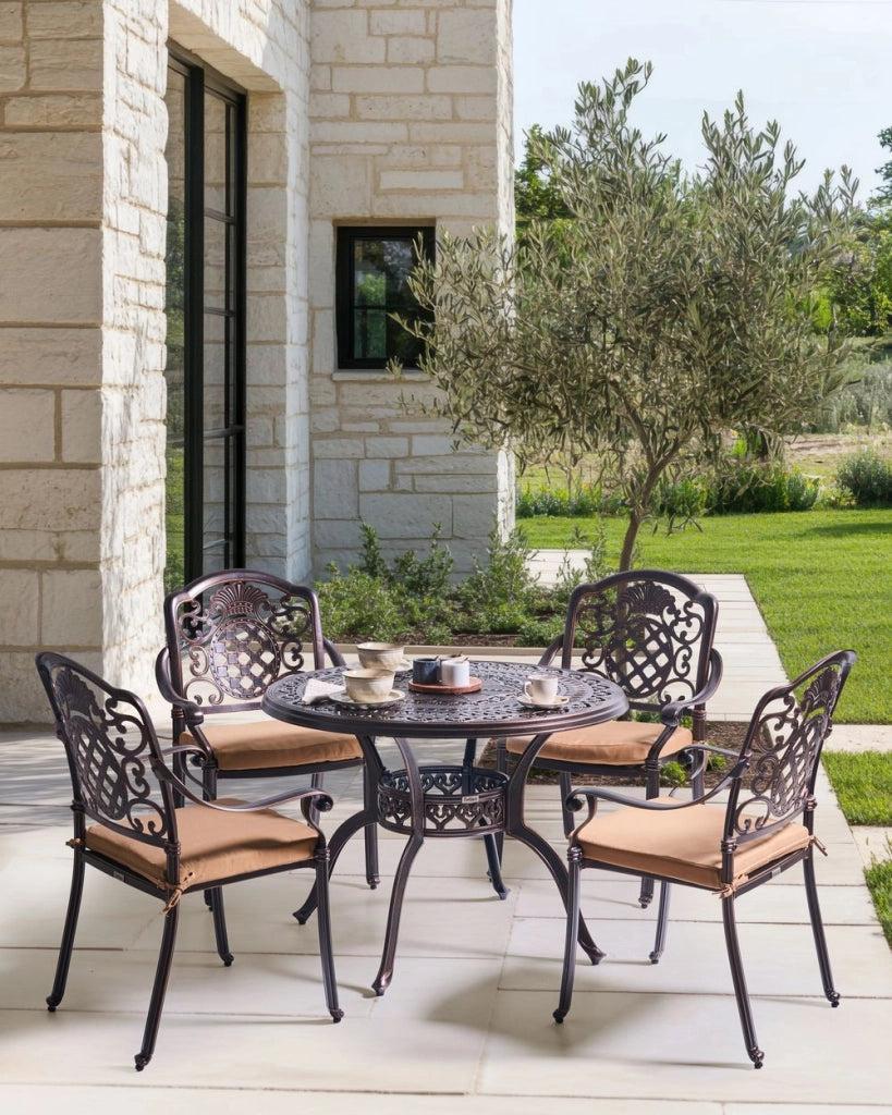 Set da pranzo da giardino Tavolo da esterno in alluminio marrone 4 sedie Cuscini di seduta in stile retrò