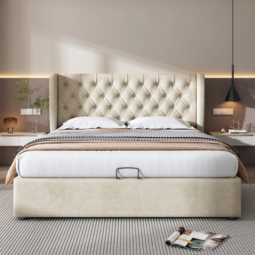 Letto Contenitore 180×200 cm; Letto Matrimoniale con Vano Idraulico; senza Materasso; Testiera Alta; Velluto Beige