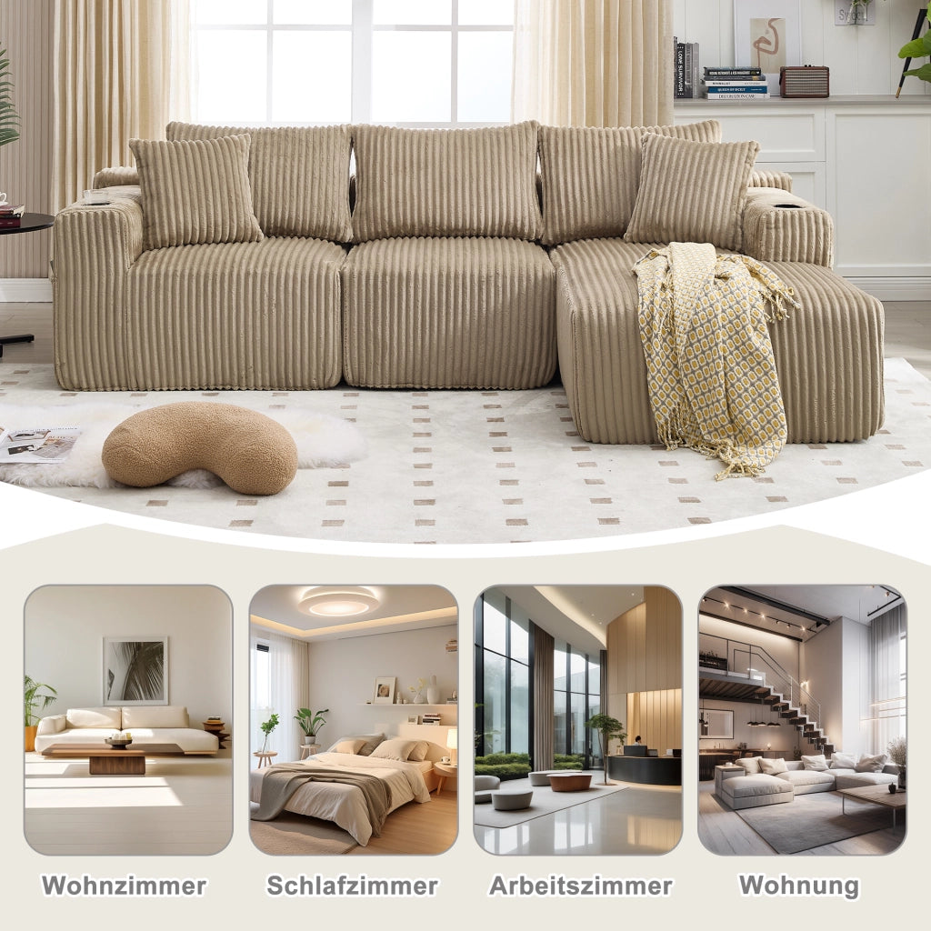 Divano modulare con chaise longue e 2 posti - con tasche laterali e portabicchieri - kaki