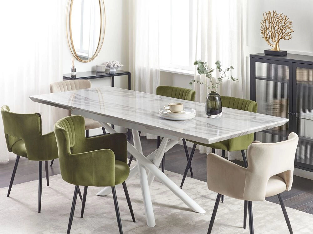 Tavolo da Pranzo Effetto Marmo Piano Tavolo Gambe Bianche MDF Allungabile 160/200 x 90 cm Glam Design Rettangolare