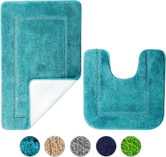 Set di Pantofole per Bagno a Due Pezzi - Microvezel Turquoise, Antiscivolo, 53x86 cm e 50x50 cm