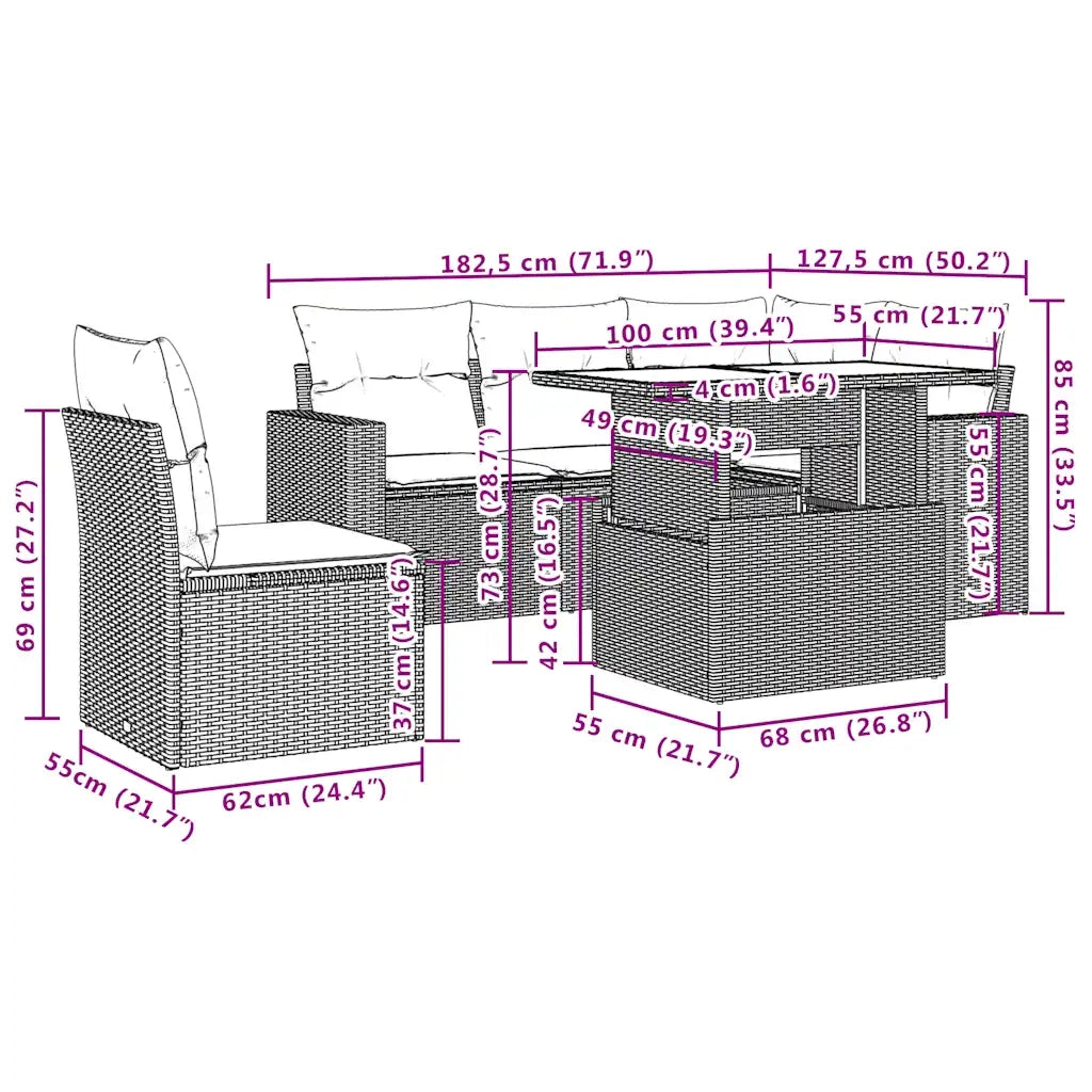 Set Divano da Giardino 6 pz con Cuscini Nero in Polyrattan 3267276