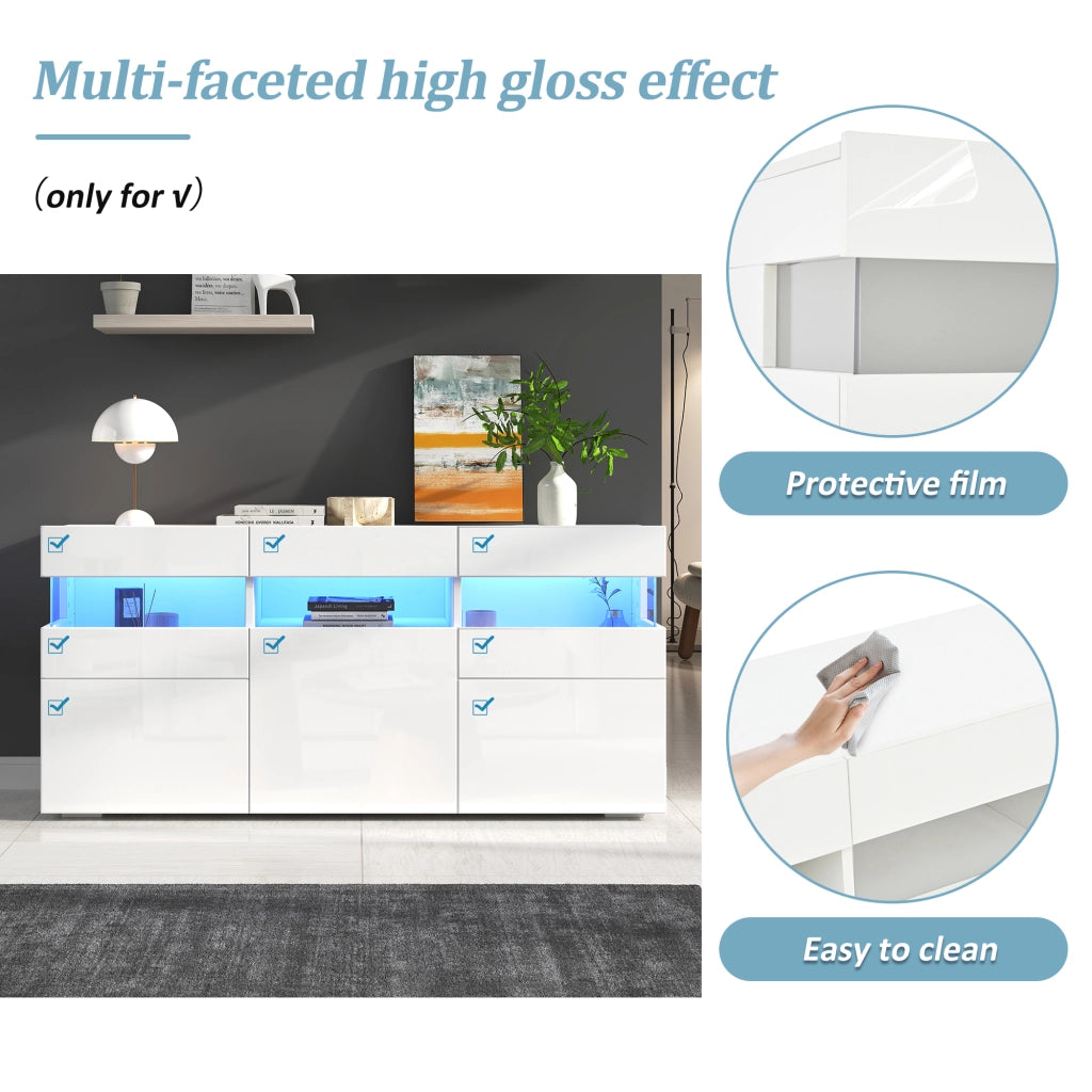 Credenza con LED e 3 ante, 7 vani e vano semiaperto, frontale lucido, per soggiorno, bianca, 140 × 40,5 × 66,5 cm