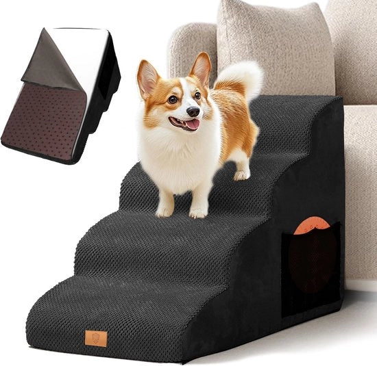Trappola per cani per piccoli cani, scala a 4 gradini 50 cm alta per cani, trappola per animali con copertura lavabile, trappola per gatti in spugna, ideale per divano, letto, nero