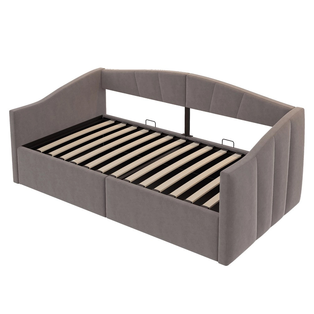 Letto Imbottito Singolo con Contenitore Idraulico ¨C MINIMAL ¨C Velluto Grigio, Rete a Doghe, 90x200