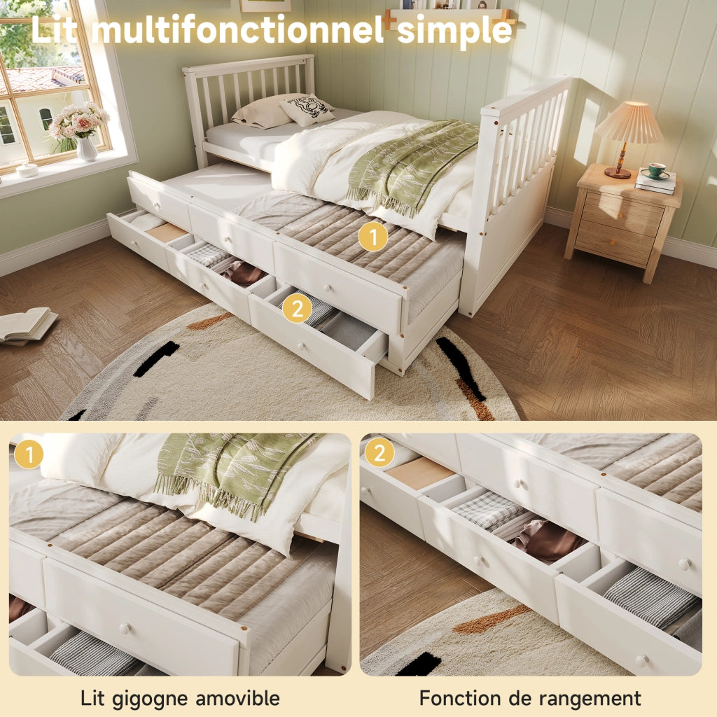Letto singolo estraibile con tre cassetti in legno e MDF bianco per bambini e ospiti dal design elegante
