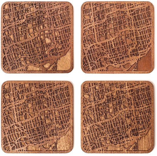 Onderzetters con mappa di città di Toronto, realizzati in Sapele, 4 pezzi, con mappa di città, diverse città disponibili, fatti a mano
