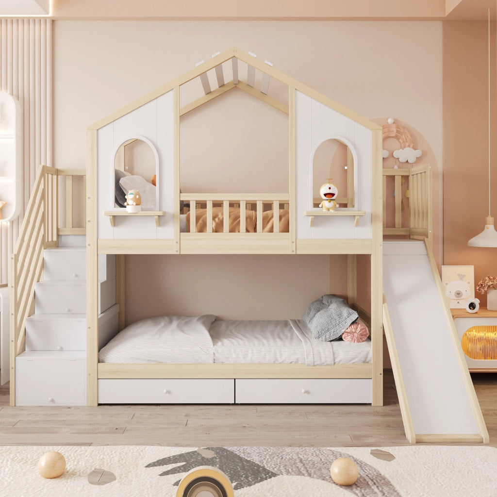 Letto a Castello 90x200 cm; 2 Posti; con Scivolo; Scala Contenitore e Mensole