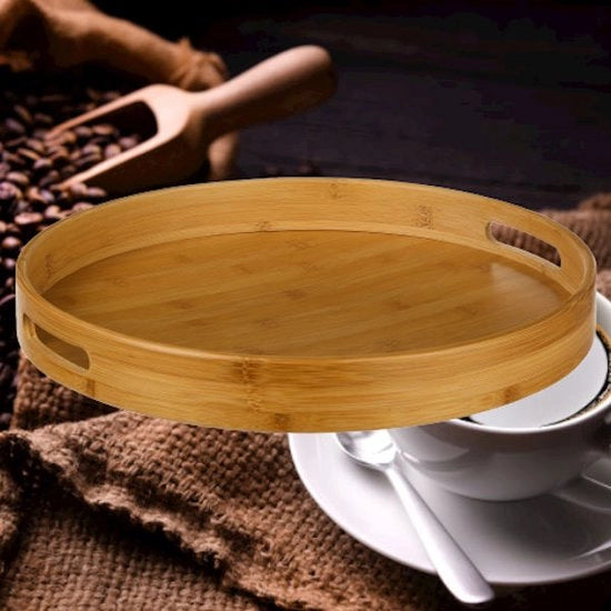 Piatto di Servizio in Legno di Bambù - Ø40 Cm - Piatto per Caffè/Tè - Piatto con Maniglie - Bambù - 40 x 40 x 5 Cm