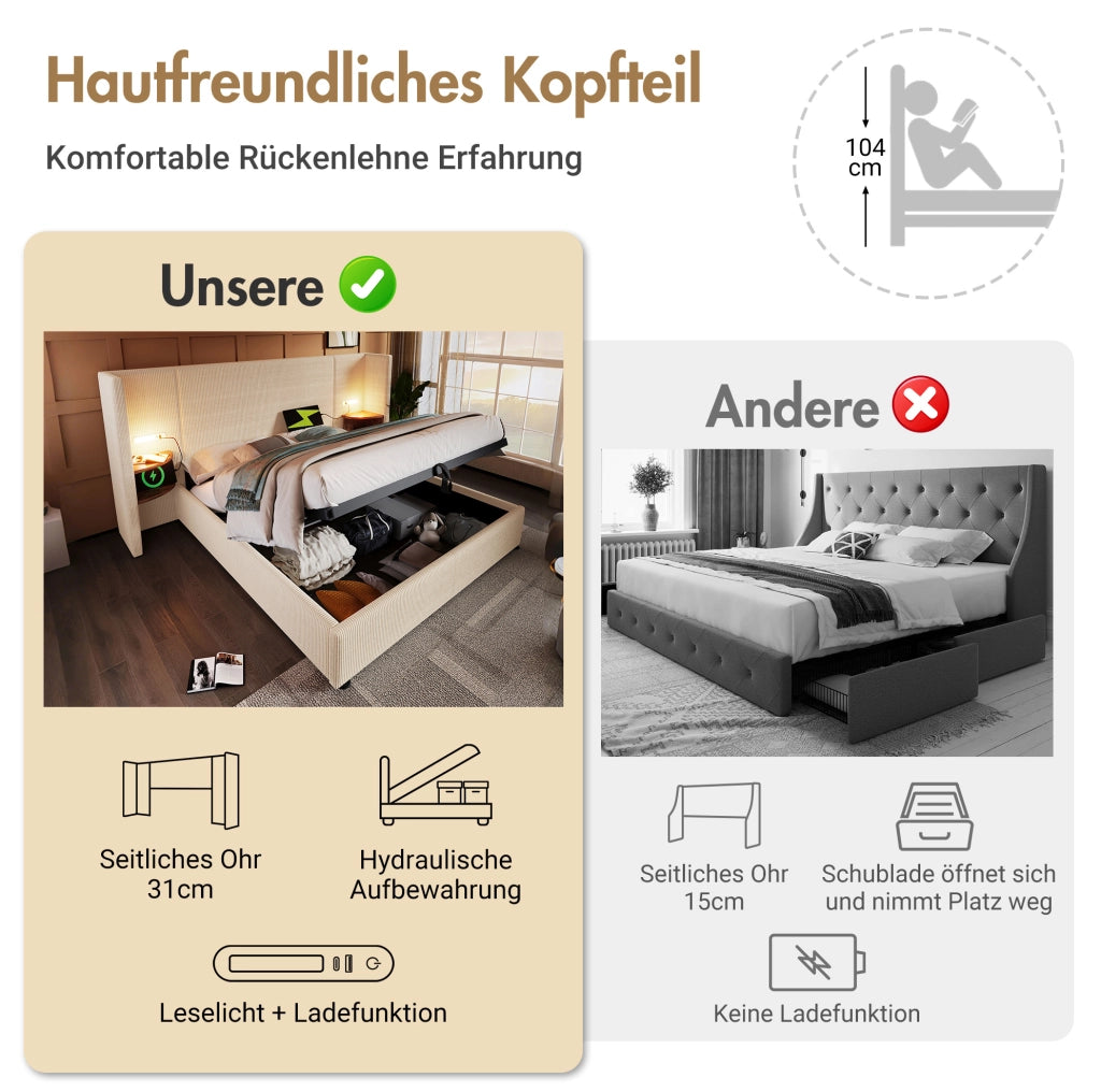 Letto matrimoniale 180x200 con contenitore, luce USB-C