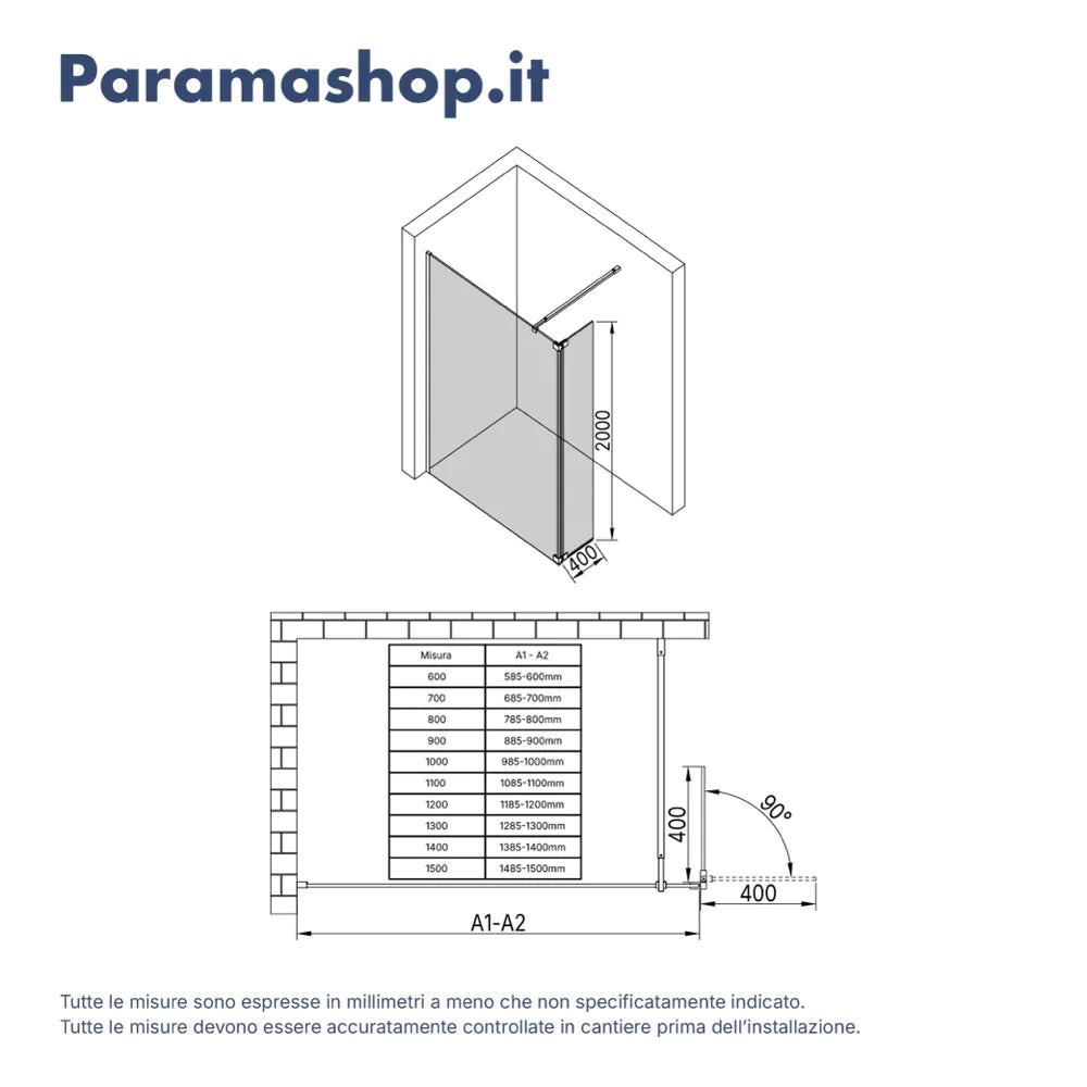 Doccia walk-in 70cm + anta 40cm vetro 8mm trasparente profili cromo | Keros