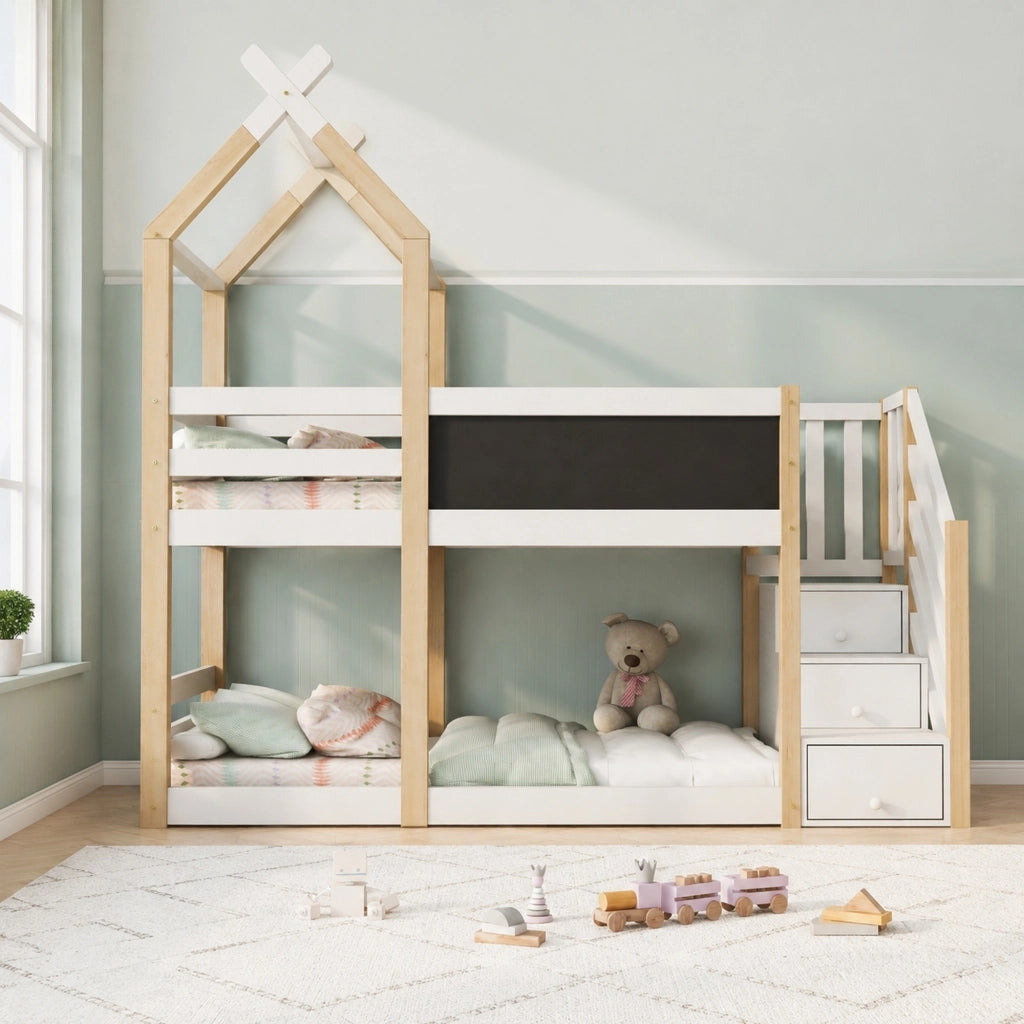 Letto a castello per bambini 90x200 cm con design baita, lavagna frontale e scale contenitore, bianco