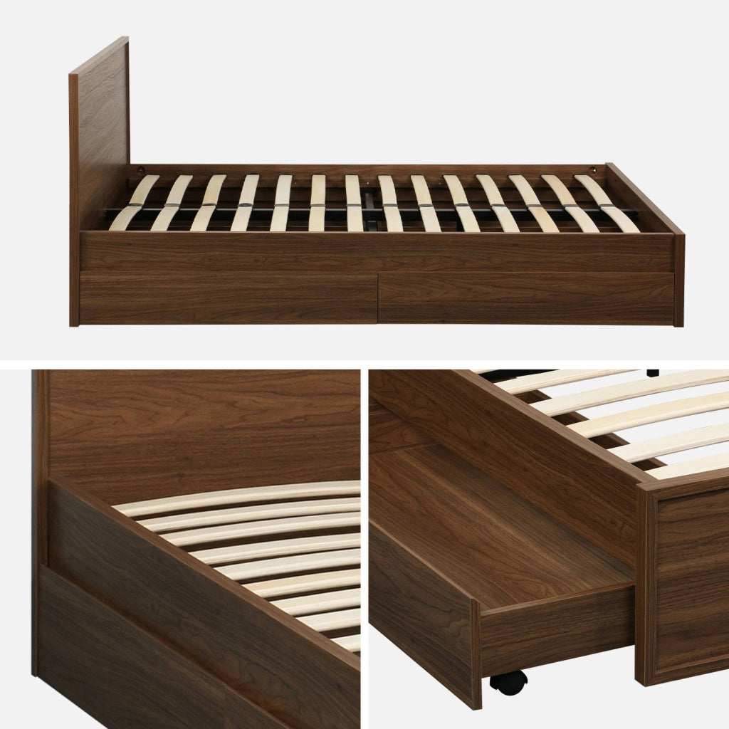 Letto con rete a doghe e testiera 140x190cm + 4 cassetti, noce