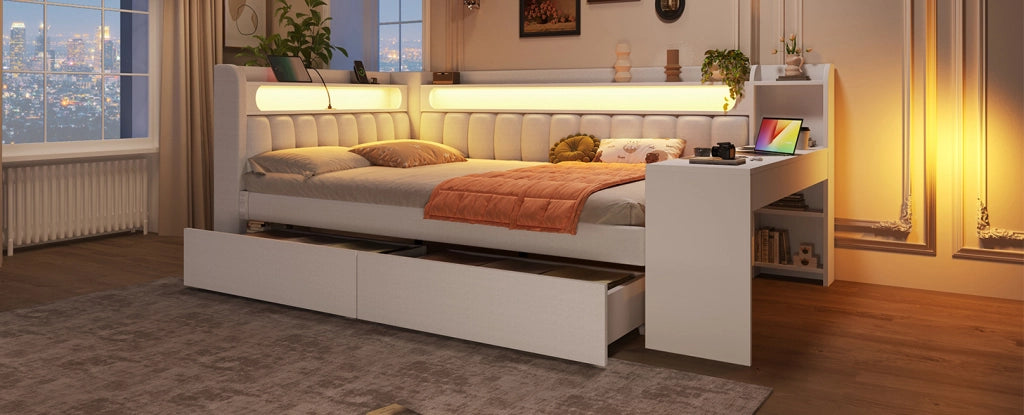 Daybed imbottito 140x200 cm con LED, porte USB, scrivania integrata e 2 cassetti, bianco