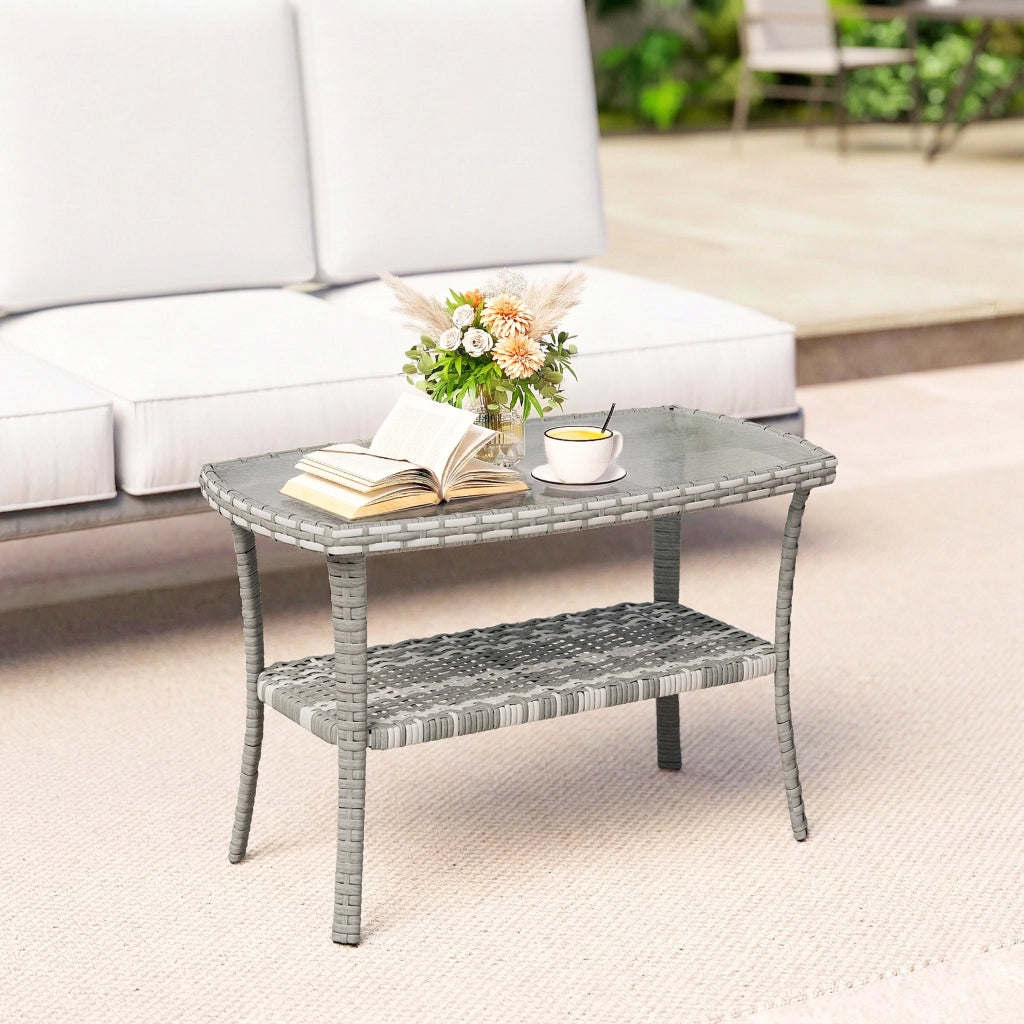 Tavolino da Giardino Rettangolare in Rattan con Ripiano ¨C Xylo ¨C Vetro Temperato Grigio Antracite 90x50x45cm