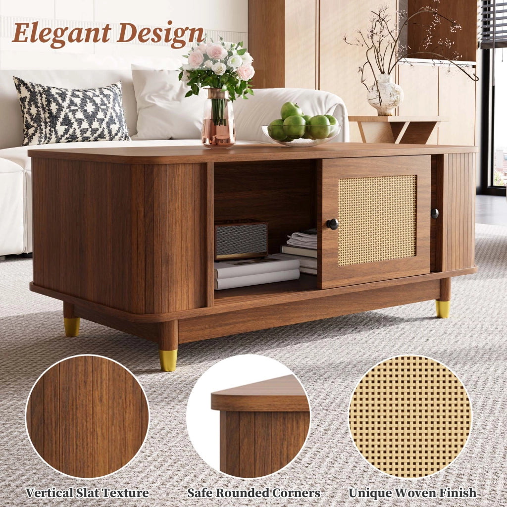 Tavolino basso con 2 ante scorrevoli in rattan, vani interni e angoli arrotondati, noce, 100 × 50 × 42 cm