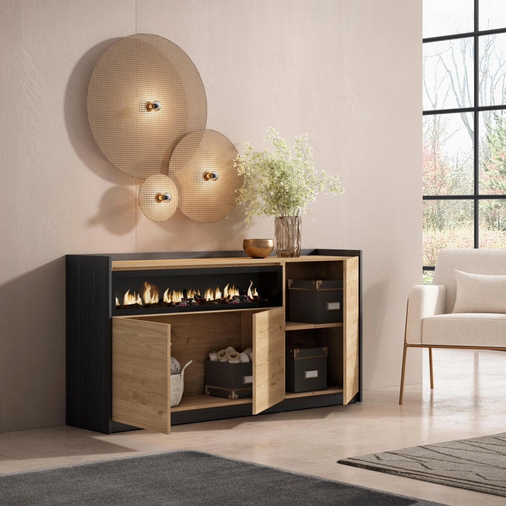 Credenza, Mobile, Cucina, 156x80x37 cm, 3 Porte, Camino elettrico, Rovere e nero