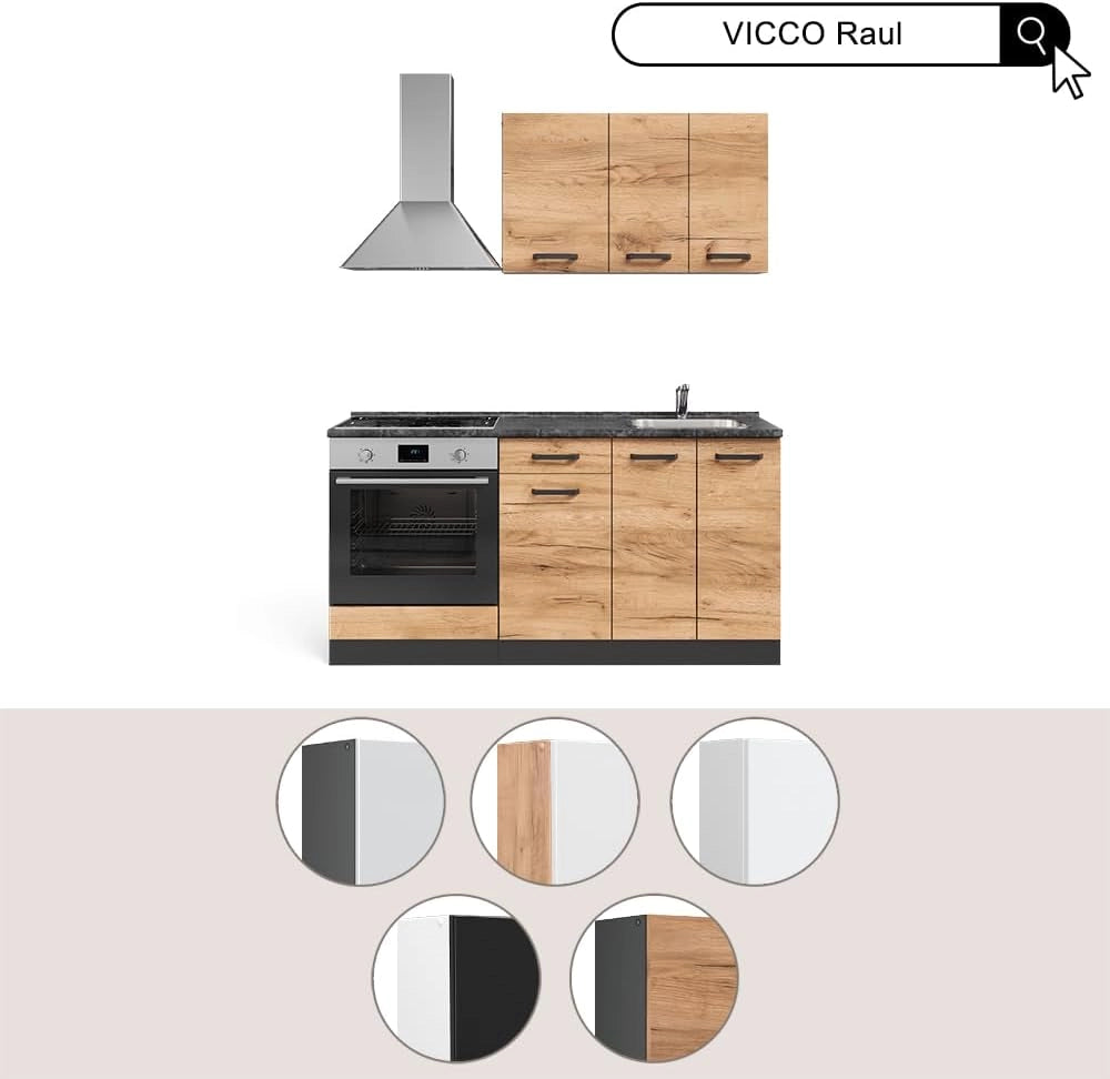 Cucina completa R-Line, Nero lucido/bianco, 160 cm con base forno e lavello con PT