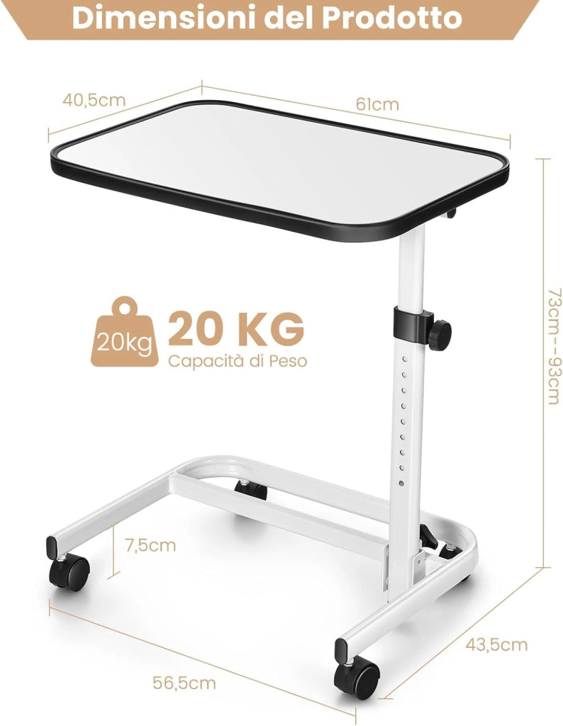 Tavolino da Letto e Divano con Ruote Bloccabili, Tavolino Porta PC con Altezza Regolabile in 9 Posizioni e Piano Inclinabile, Tavolino Servitore Letto per Mangiare e Lavorare (Bianco)