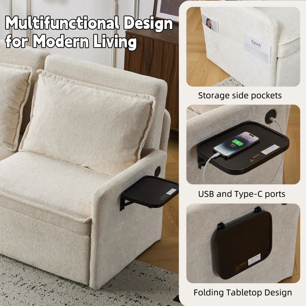 Divano letto con schienale a 5 posizioni, tasche laterali e porta USB/Type-C, in ciniglia beige