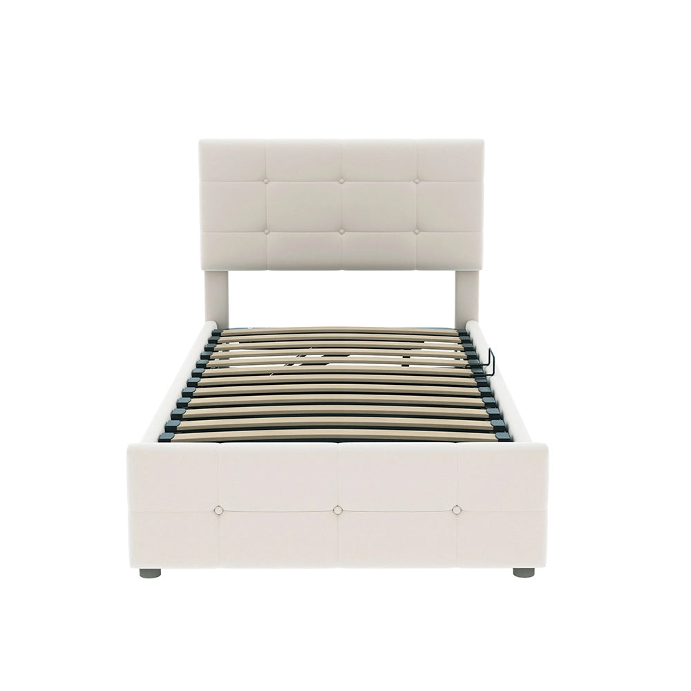Letto a cassone imbottito per bambini - Xylo - 90x200 cm - Beige - Testiera regolabile in altezza, sistema idraulico