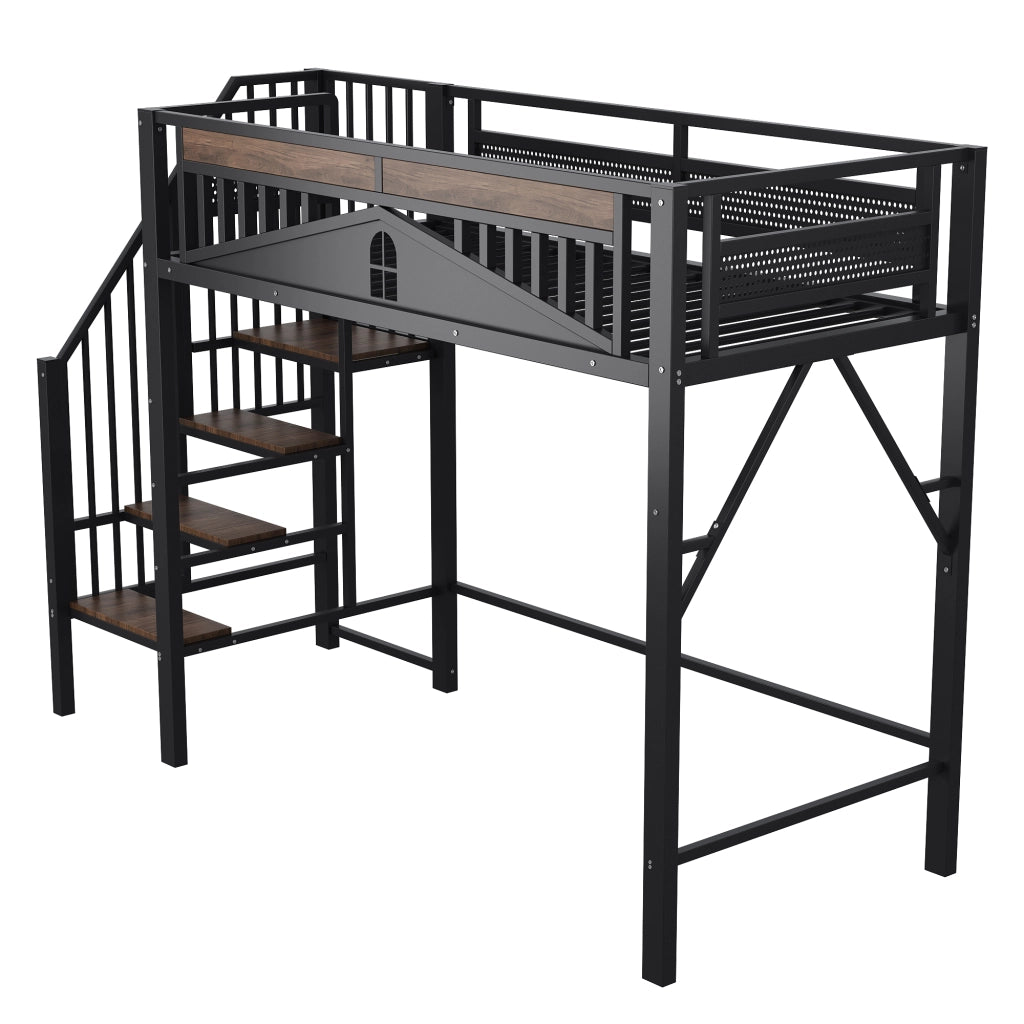 Letto a soppalco in metallo 90x200 cm con ringhiera di sicurezza e scala laterale, colore nero
