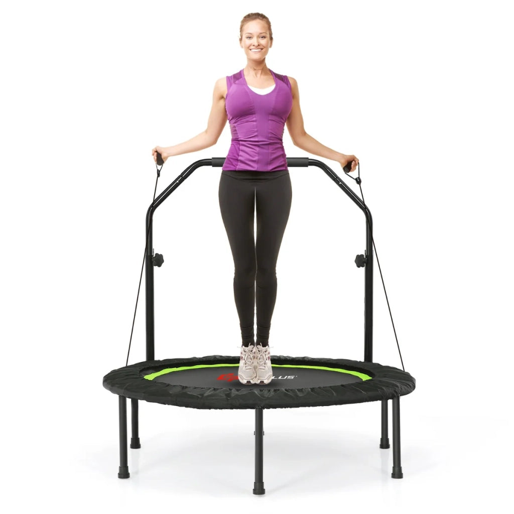 Trampolino fitness pieghevole diametro 101 cm con corrimano regolabile e 2 fasce di resistenza in acciaio verde 20_0014489