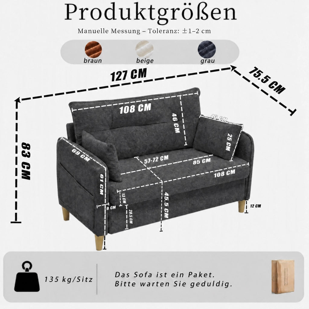 DIVANO 2 posti 127 cm Dark Gray in tessuto Chenille con cuscini