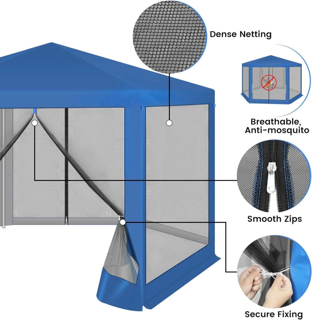Gazebo da Esterni, Pergolato da Giardino, Gazebo Pieghevole e Impermeabile, con Pareti Laterali a Zanzariera, Esagonale, per Campeggio, Feste, 3,8x3,3m, Blu