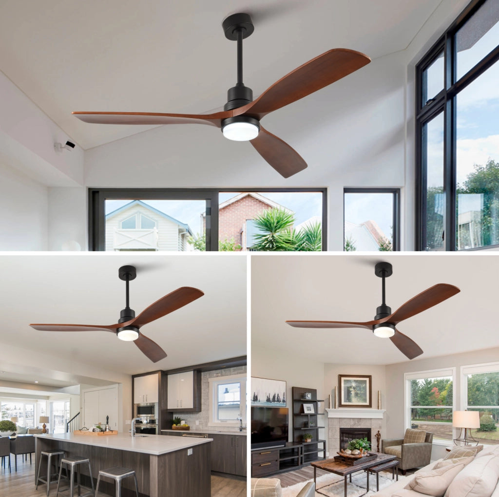 Ventilatore da soffitto 60 pollici in legno massello con luce LED; telecomando; nero noce