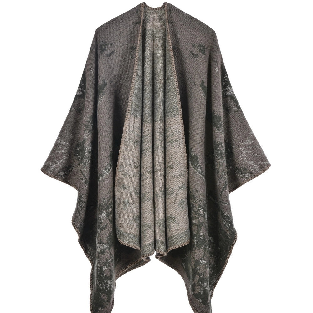 Nuovo scialle/mantella in jacquard di cashmere alla moda con spacchi, spesso e ampio, da donna.